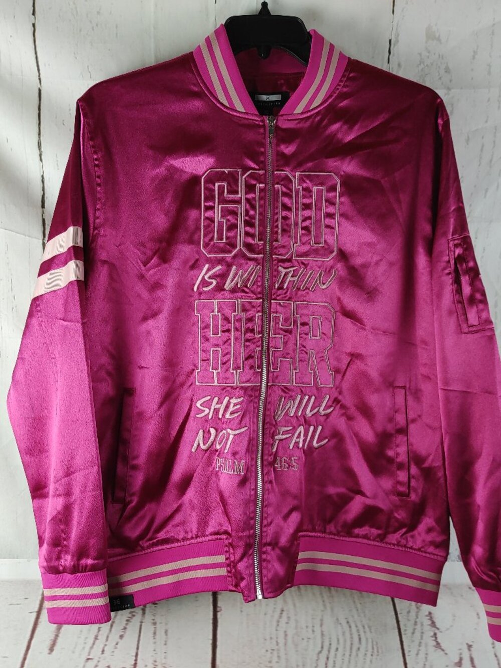NWT 3:16 Collection Pink Satin Bomber Jacket Psalm 46:5 Women’s XL